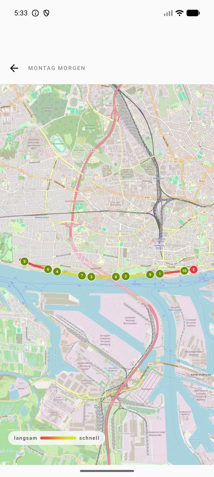 Vollbildkarte, die Route nach Tempo eingefärbt